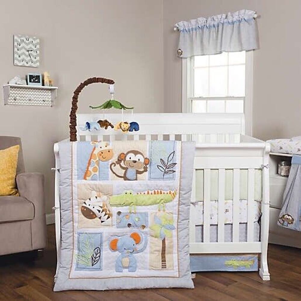 Trend Lab Jungle Fun 6 Piece Crib Bedding Set Reversible Quilt Skirt Pad NEW